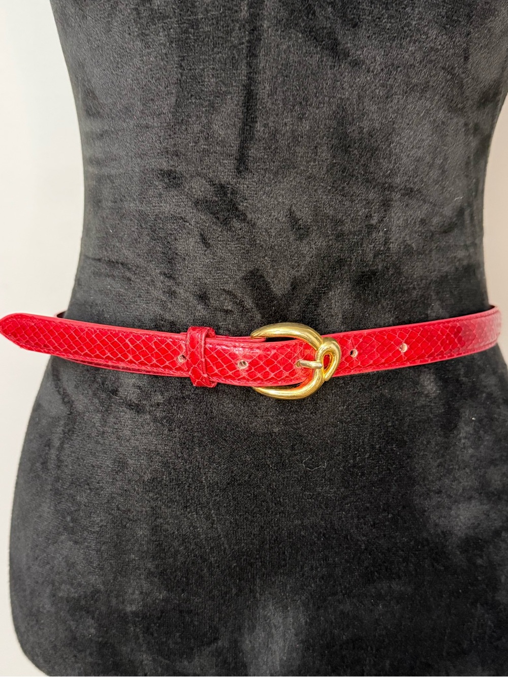 Vintage Genuine Snakeskin Red Skinny Belt Gold Buckle Women’s Medium